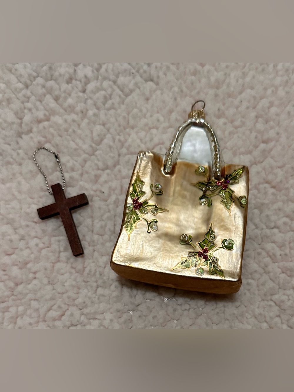 Elegant Gold Holiday Tote Ornament Green Holly Accents and Wooden Cross